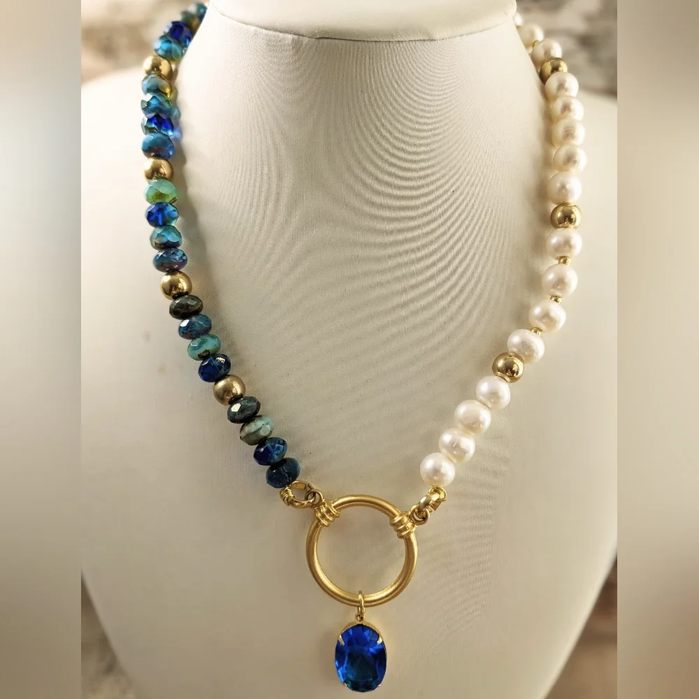 Blue Glass & Crystal Beads & White Freshwater Pearls In Assymetrical Necklace